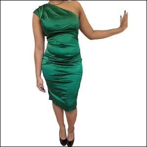 EXSCAPE RUCHED GREEN ONE SHOULDER DRESS… Sz 10…